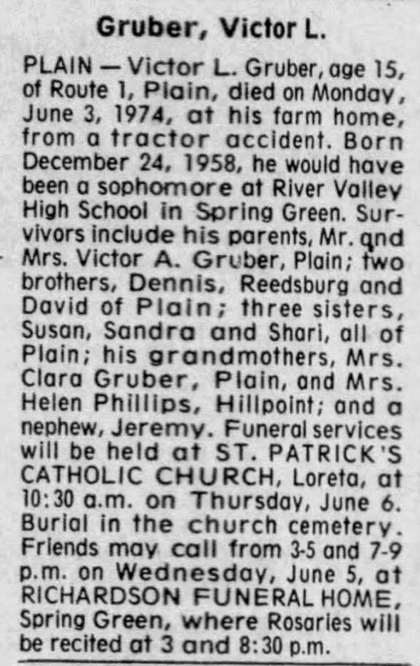 Obituary for Victor L. Gruber, 1958-1974 (Aged 15)